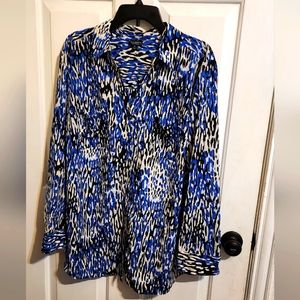 Talbots Nantucket 3X blue black animal print long sleeved blouse
